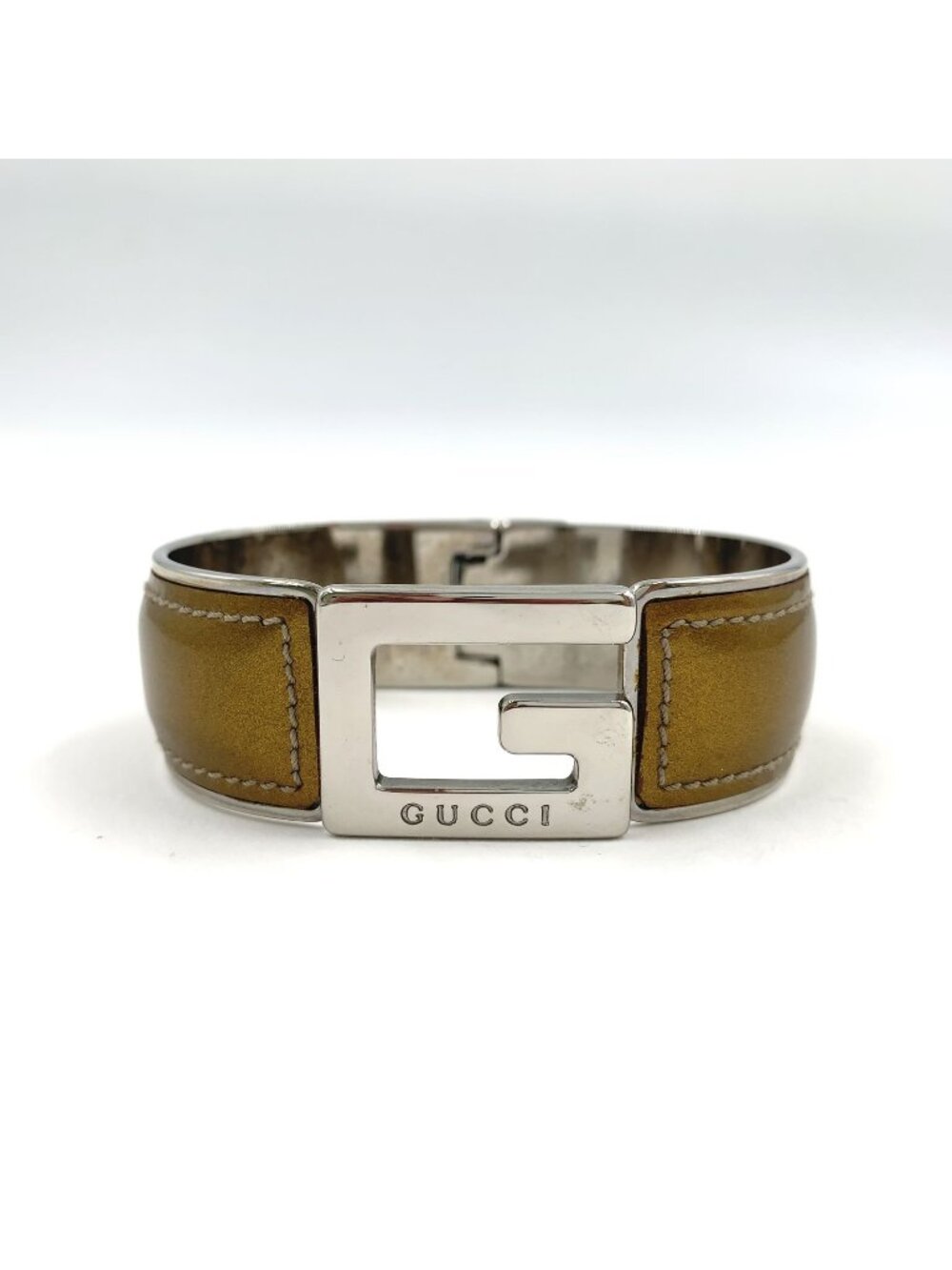Gucci Motif Enamel Leather Metal Silver Blanc Bangle Bracelet